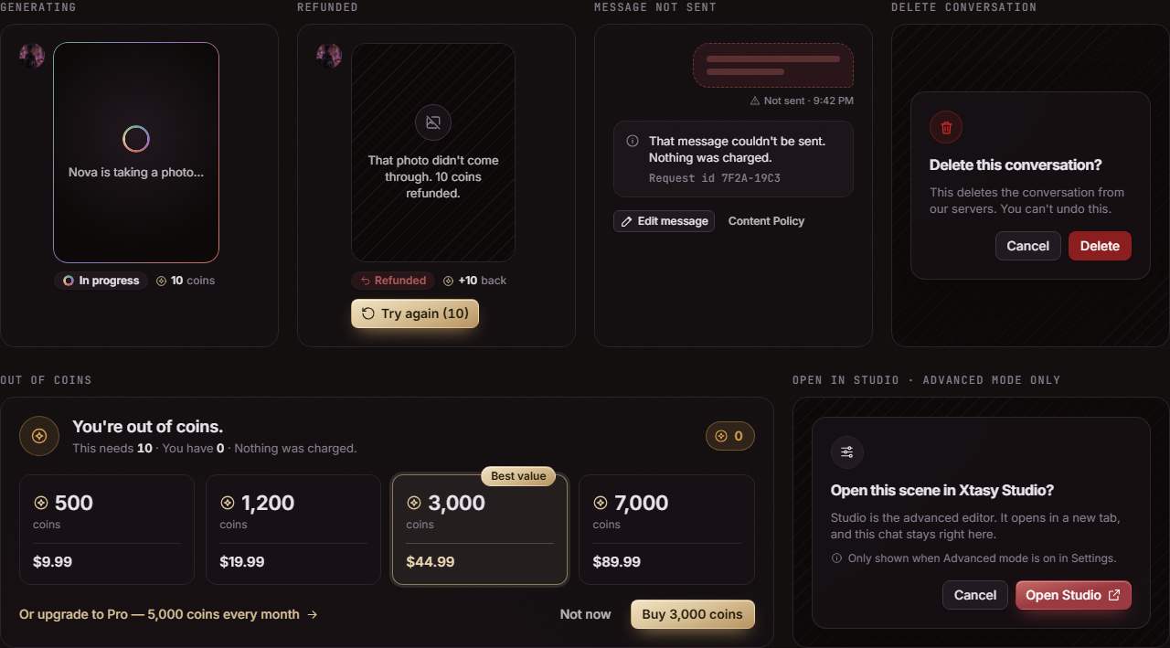 Generating, refunded and out-of-coins states in chat