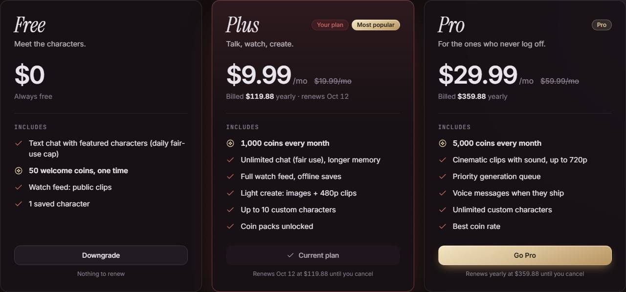 Free, Plus and Pro plan cards